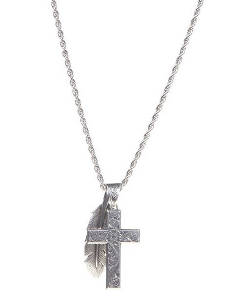 Twister Men's Silver Cross and Feather Pendant Necklace , Silver, hi-res
