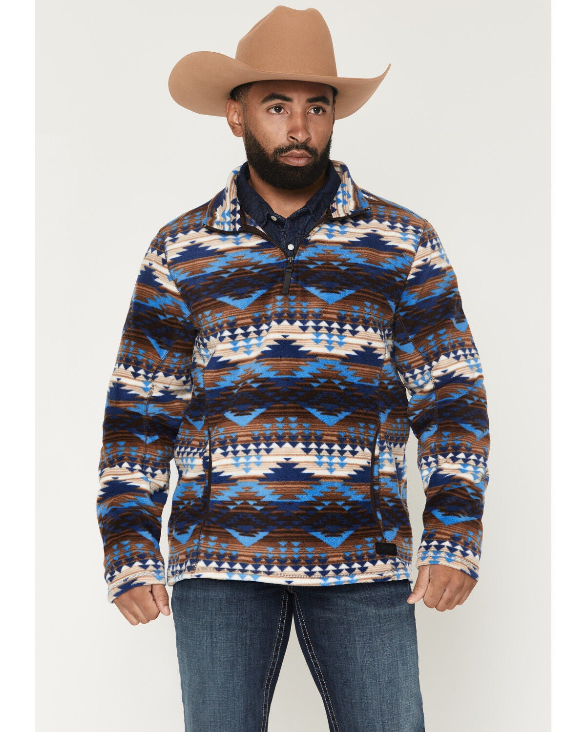 Image #1 - Rock & Roll Denim Men's Boot Barn Exclusive Southwestern Print 1/4 Zip Pullover, Blue, hi-res