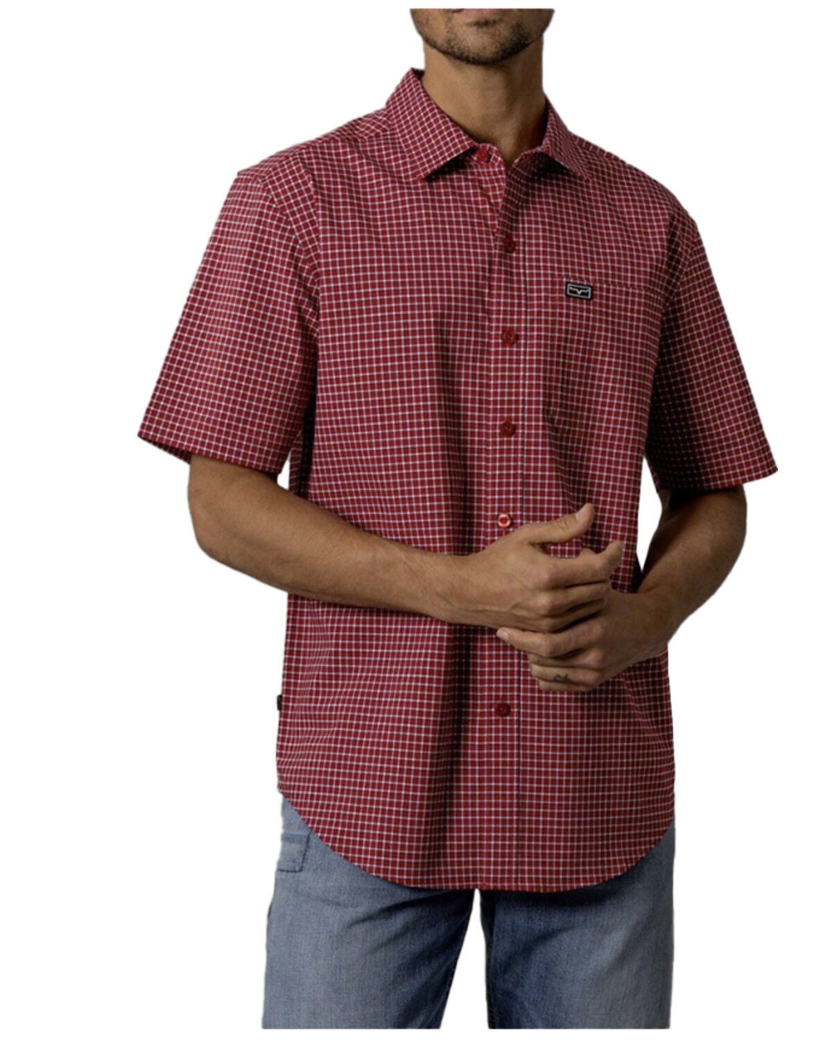 Kimes Ranch Men's MC Copper Plaid Print Short Sleeve Button-Down Stretch Performance Shirt, Red, hi-res