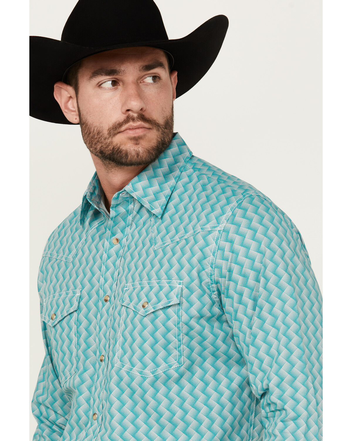 Image #2 - Wrangler 20X Men's Square Geo Print Long Sleeve Snap Stretch Western Shirt, Green, hi-res