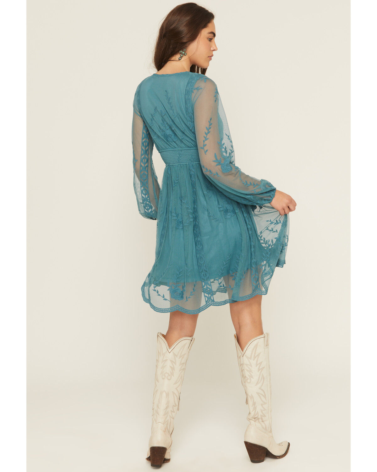 Image #4 - Shyanne Women's Embroidered Mesh Long Sleeve Button Front Mini Dress, Turquoise, hi-res