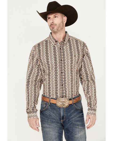 Image #1 - RANK 45® Men's Buckline Striped Long Sleeve Button-Down Western Shirt, Coffee, hi-res