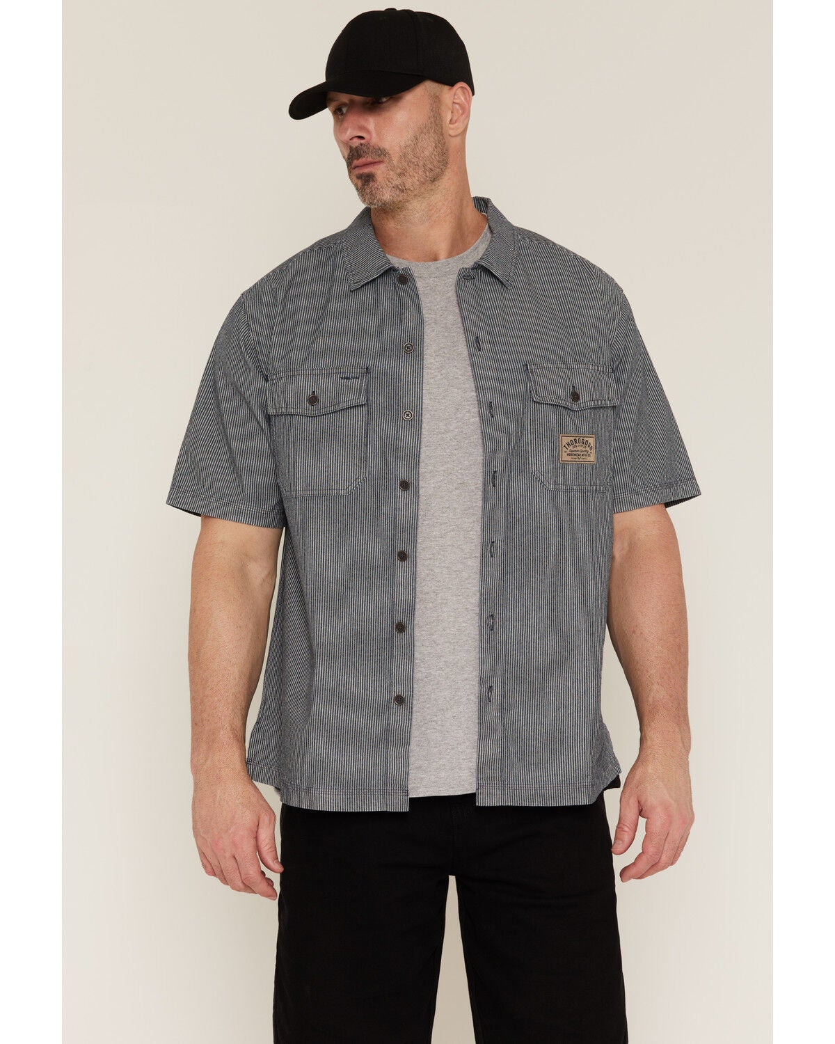 Image #1 - Thorogood Men's Striped Short Sleeve Button-Down Garage Shirt, Blue/white, hi-res