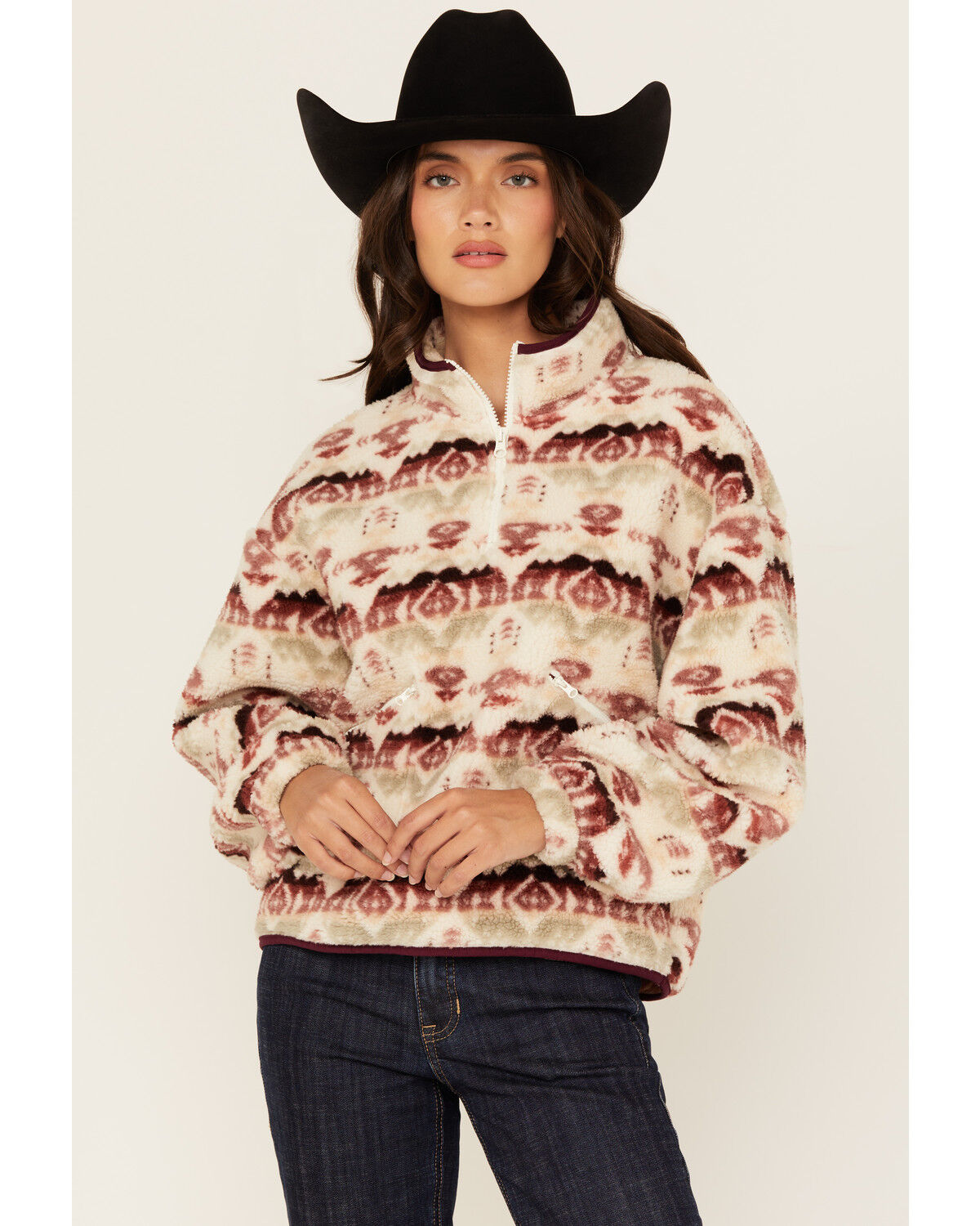 Image #1 - Rock & Roll Denim Women's Southwestern Print Sherpa Pullover, Cream, hi-res