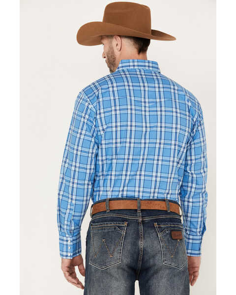 Image #4 - Wrangler Men's Plaid Print Long Sleeve Pearl Snap Western Shirt, Blue, hi-res