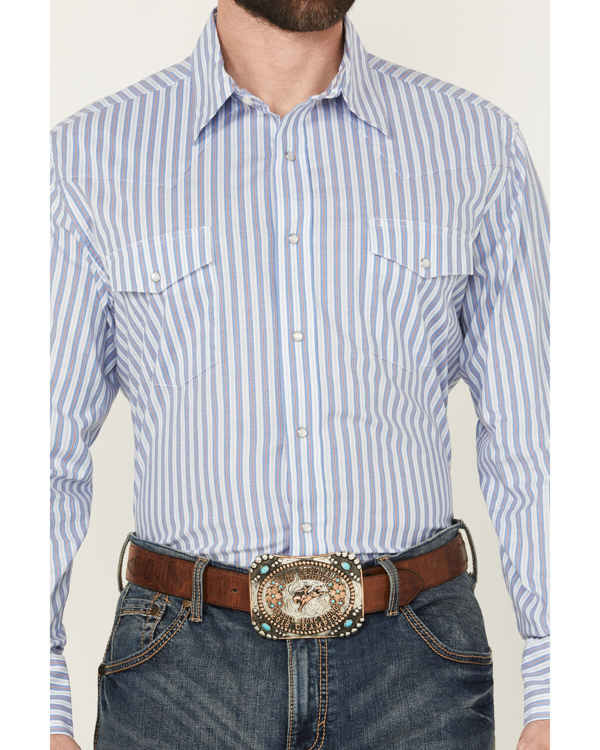 Image #3 - Wrangler Men's Striped Print Long Sleeve Snap Stretch Western Print, Blue, hi-res