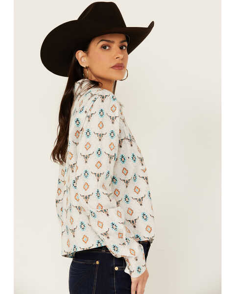 Image #2 - Panhandle Women's Steer Print Long Sleeve Snap Western Shirt, Off White, hi-res