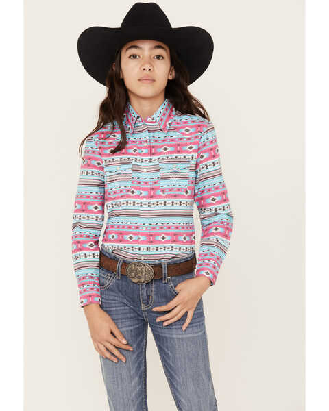 Panhandle Girls' Southwestern Striped Long Sleeve Snap Western Shirt, Turquoise, hi-res