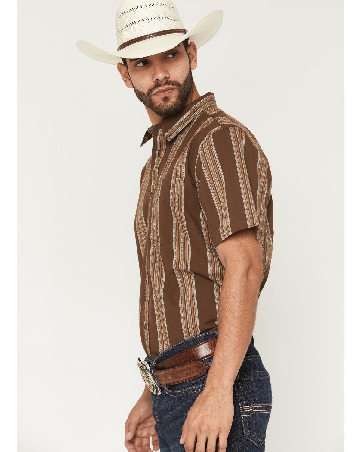 Image #2 - Cody James Silas Stripe Print Short Sleeve Button-Down Stretch Western Shirt, Brown, hi-res