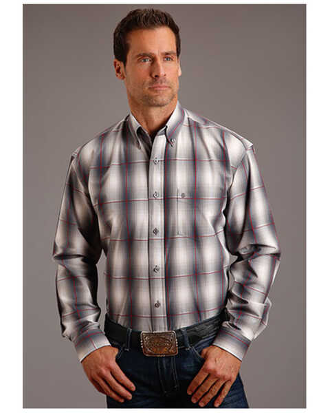 Stetson Men's Plaid Print Long Sleeve Button Down Western Shirt, Grey, hi-res