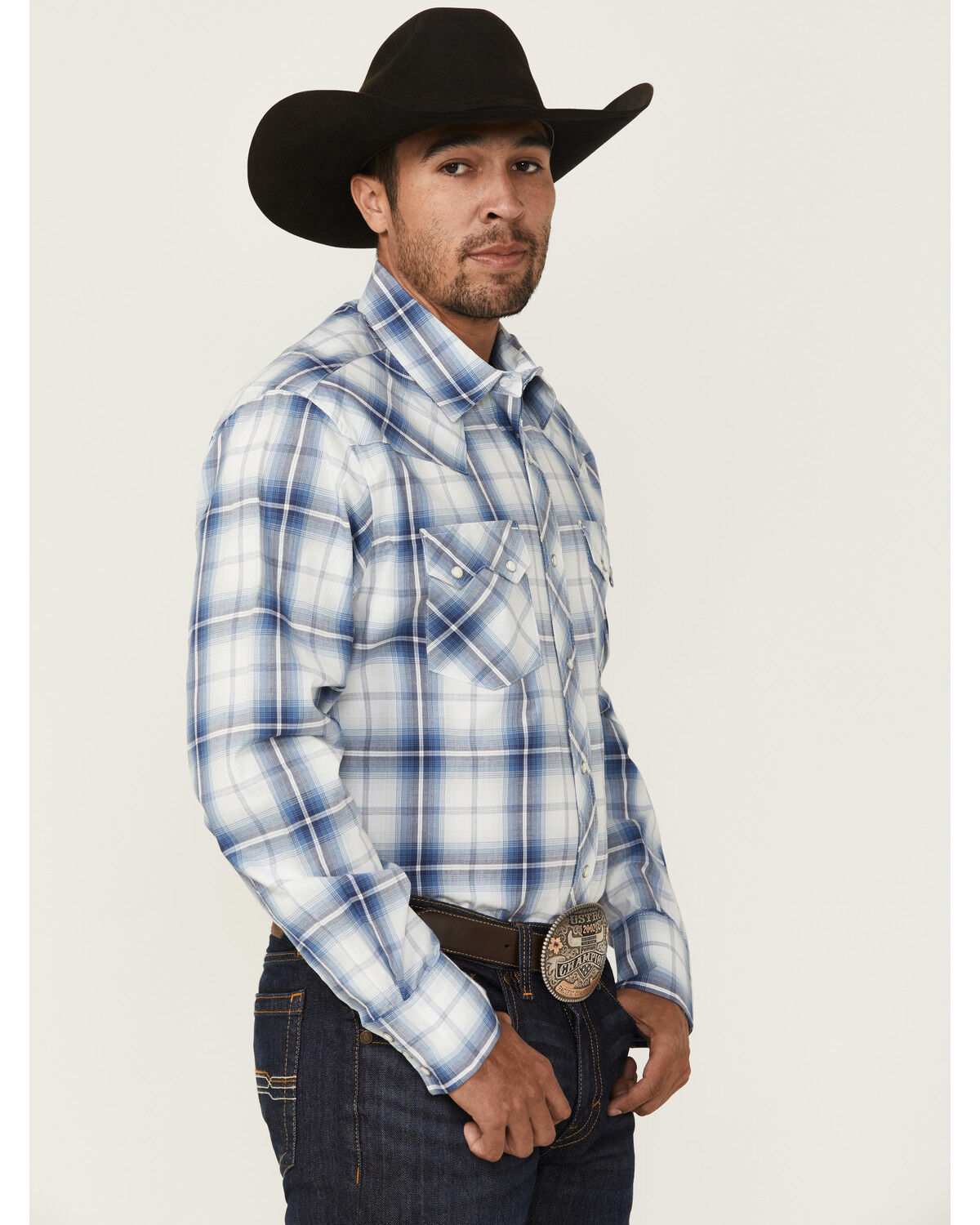 Image #2 - Wrangler Retro Men's Plaid Print Long Sleeve Snap Western Shirt, Blue, hi-res