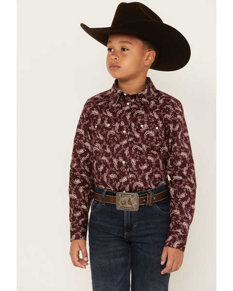 Image #1 - Cody James Boys' Paisley Print Long Sleeve Snap Western Shirt, Burgundy, hi-res