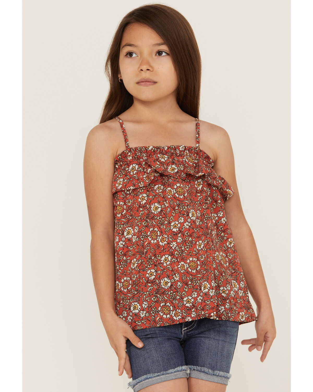 Image #1 - Hayden Girls' Floral Print Coral Ruffle Top, Coral, hi-res