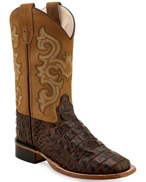 Old West Youth Boys' Brown Faux Horn Gator Western Boots - Broad Square Toe, Chocolate, hi-res