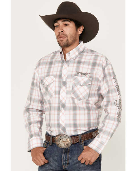 Image #1 - Wrangler Men's Logo Plaid Print Long Sleeve Button-Down Western Shirt, White, hi-res