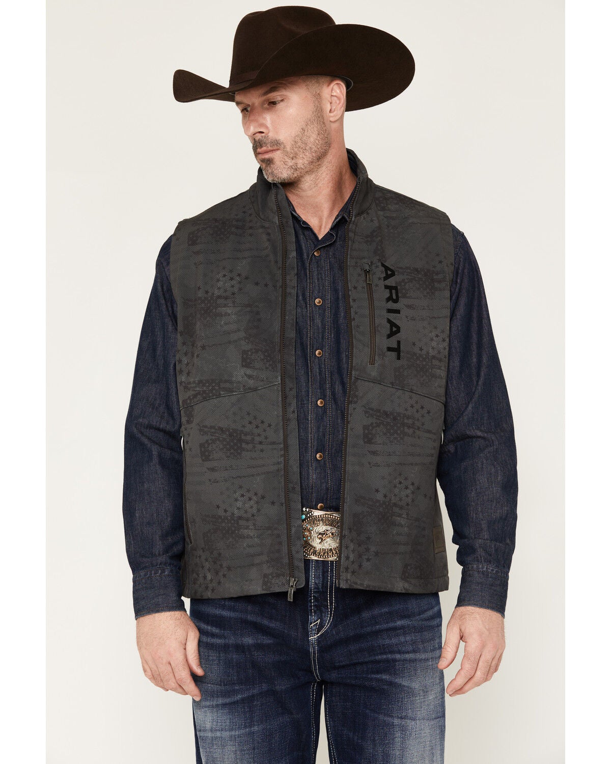 Image #1 - Ariat Men's Americana Flag Print Softshell Vest, Charcoal, hi-res