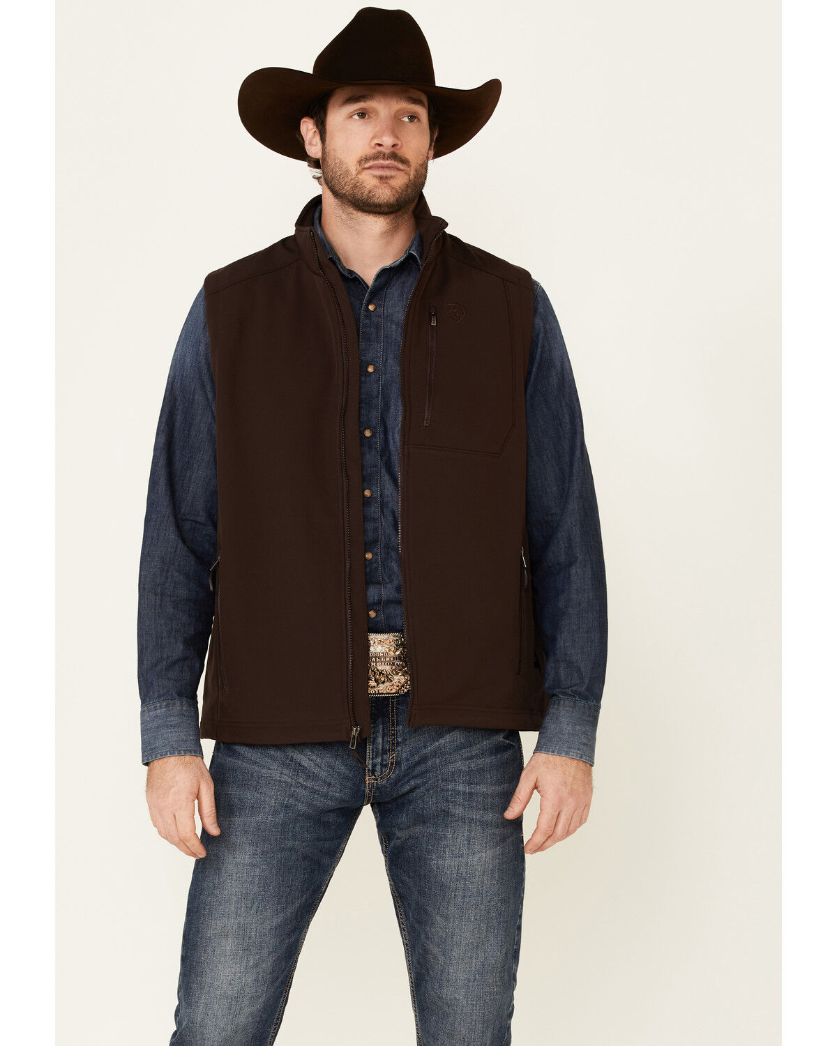 Image #1 - Ariat Men's Coffee Bean Logo 2.0 Patriot Zip-Front Softshell Vest, Brown, hi-res