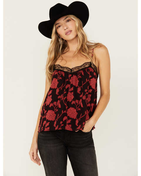 Image #1 - Wild Moss Women's Floral Print Jacquard Lace Cami , Red, hi-res