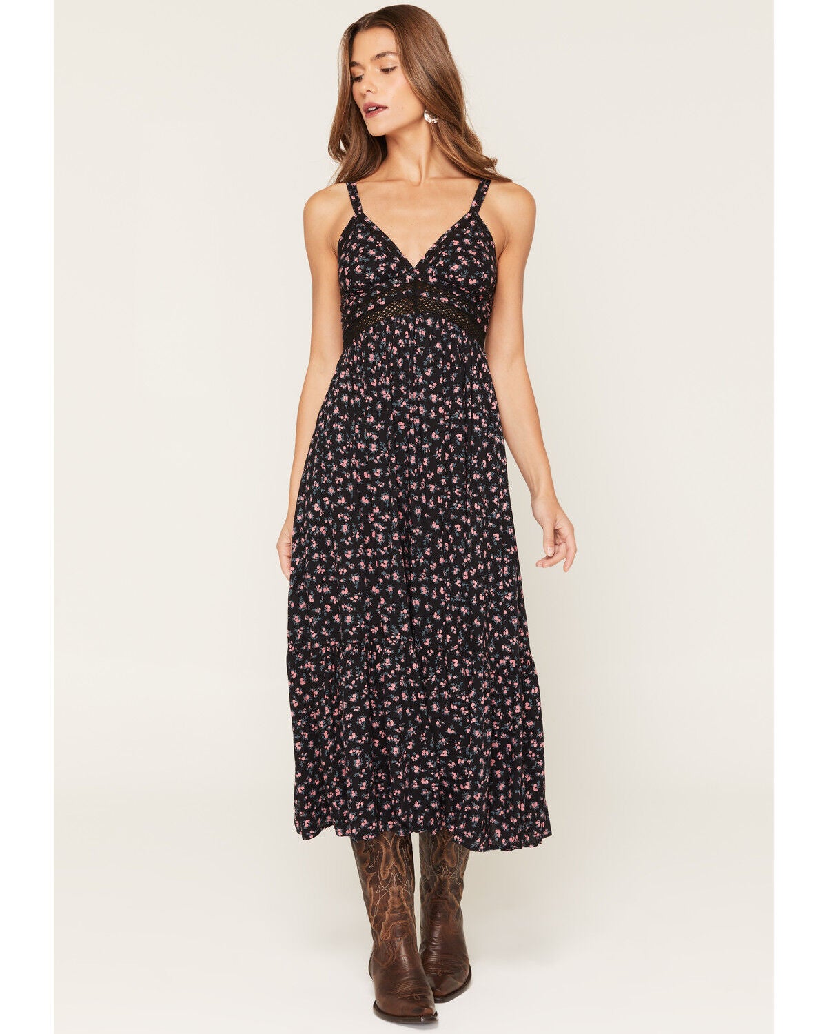 Image #1 - Angie Women's Floral Print Sleeveless Midi Dress, Black, hi-res