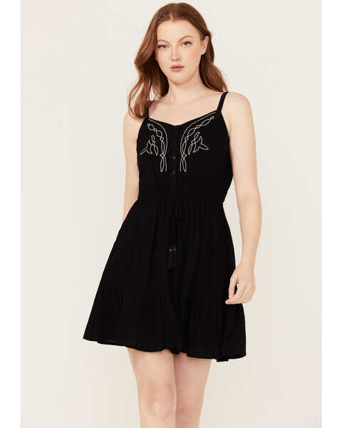 Image #1 - Idyllwind Women's Wilsonia Tie Front Western Embroidered Dress , Black, hi-res