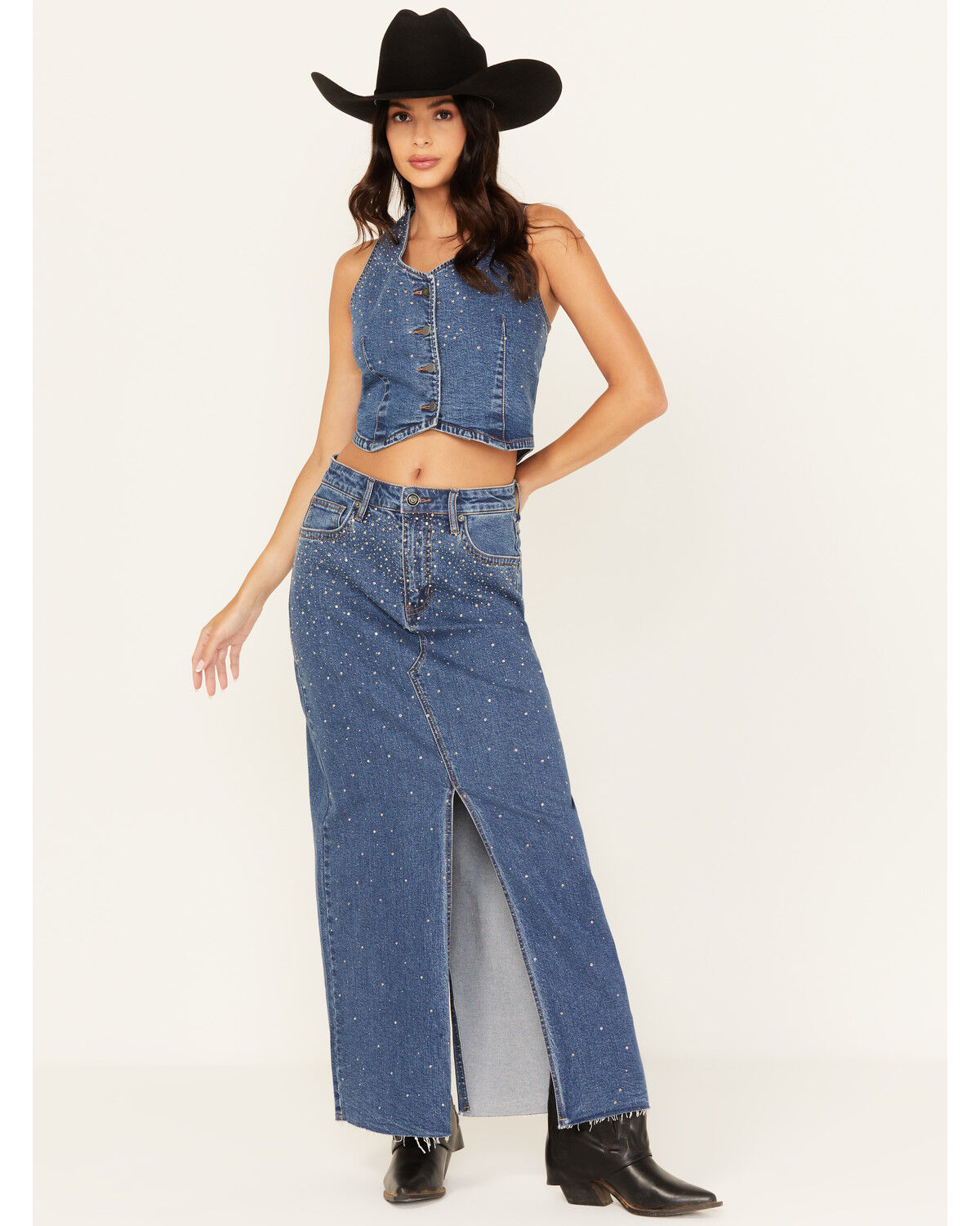 Image #1 - Rock & Roll Denim Women's Medium Wash Rhinestone Studded Maxi Skirt, Medium Wash, hi-res