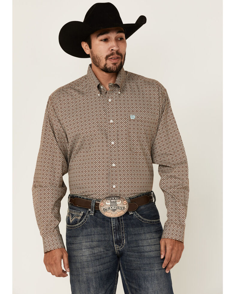Cinch Men's Medallion Geo Print Long Sleeve Button-Down Western Shirt , Brown, hi-res