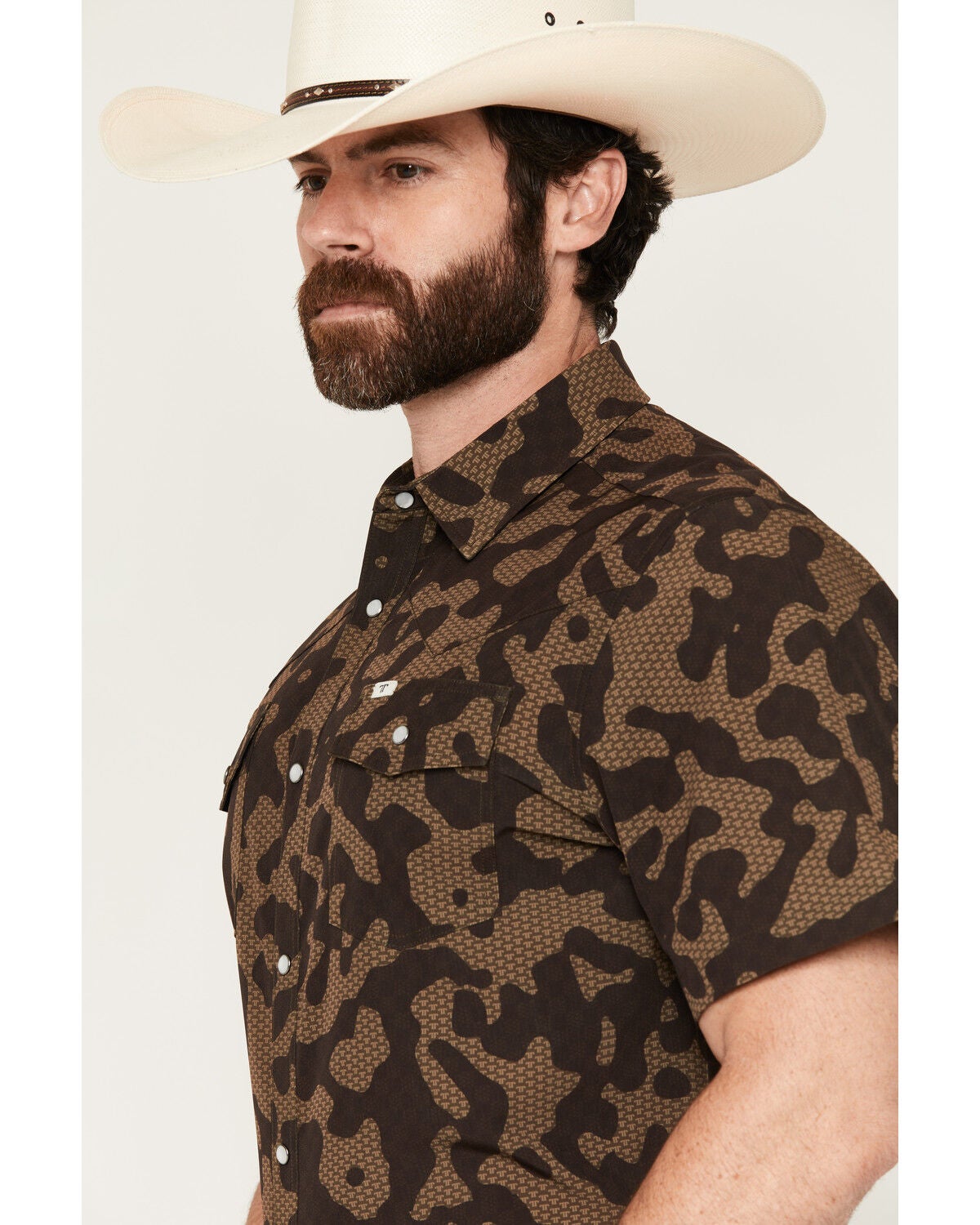 Image #2 - Ferrell Men's Gage Camo Print Short Sleeve Snap Stretch Western Shirt, Brown, hi-res