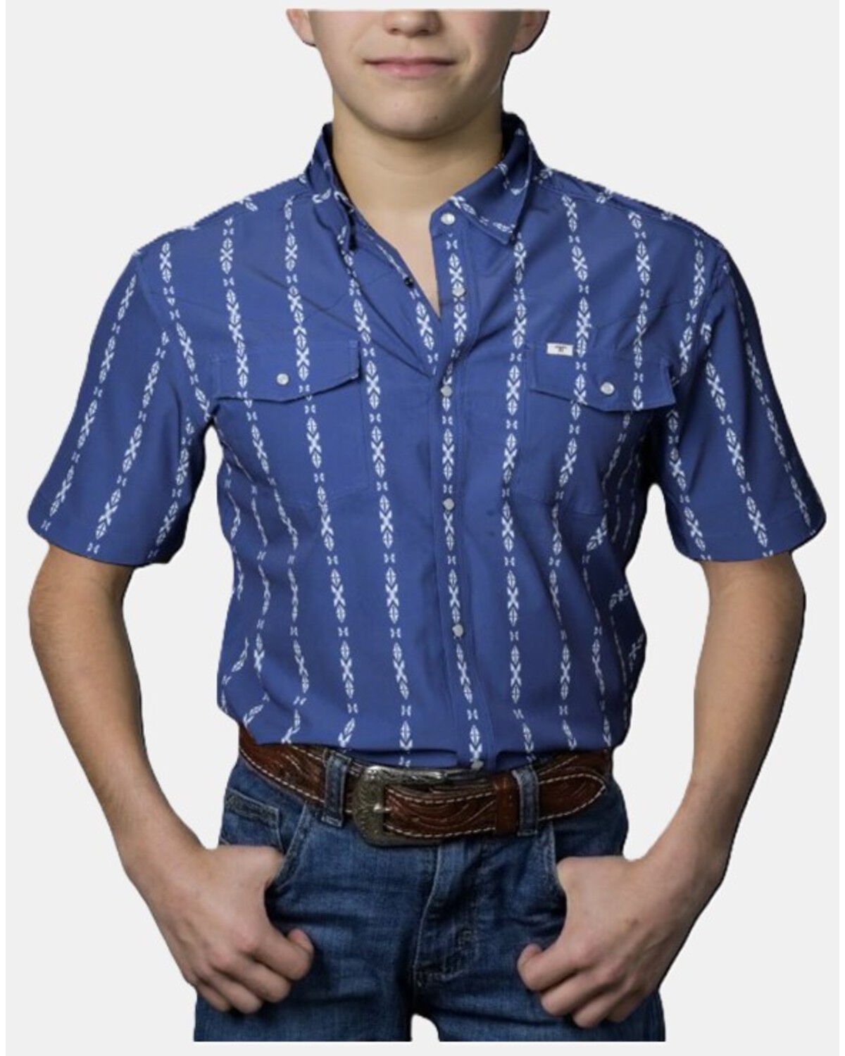 Image #1 - Ferrell Boys' Maverick Tek Striped Short Sleeve Pearl Snap Performance Western Shirt, Blue, hi-res