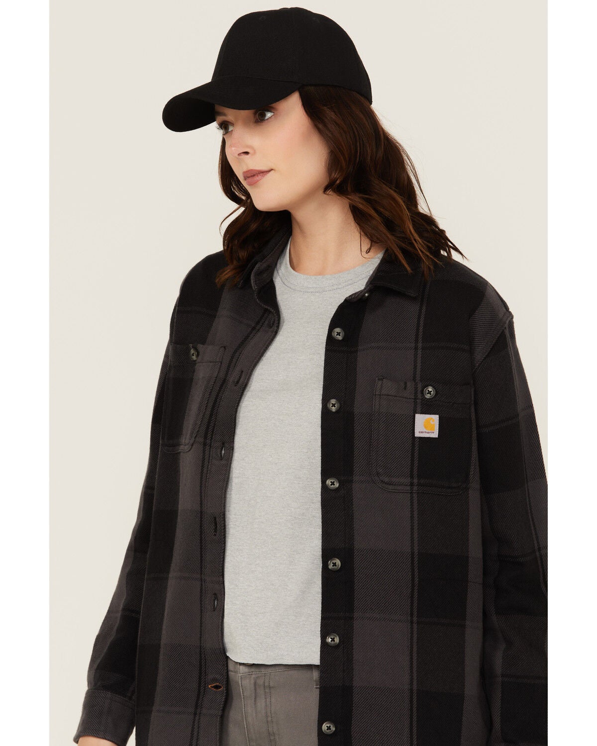 Image #2 - Carhartt Women's Rugged Flex&reg; Loose Fit Heavyweight Duck Long Sleeve Button-Down Shacket, Black, hi-res