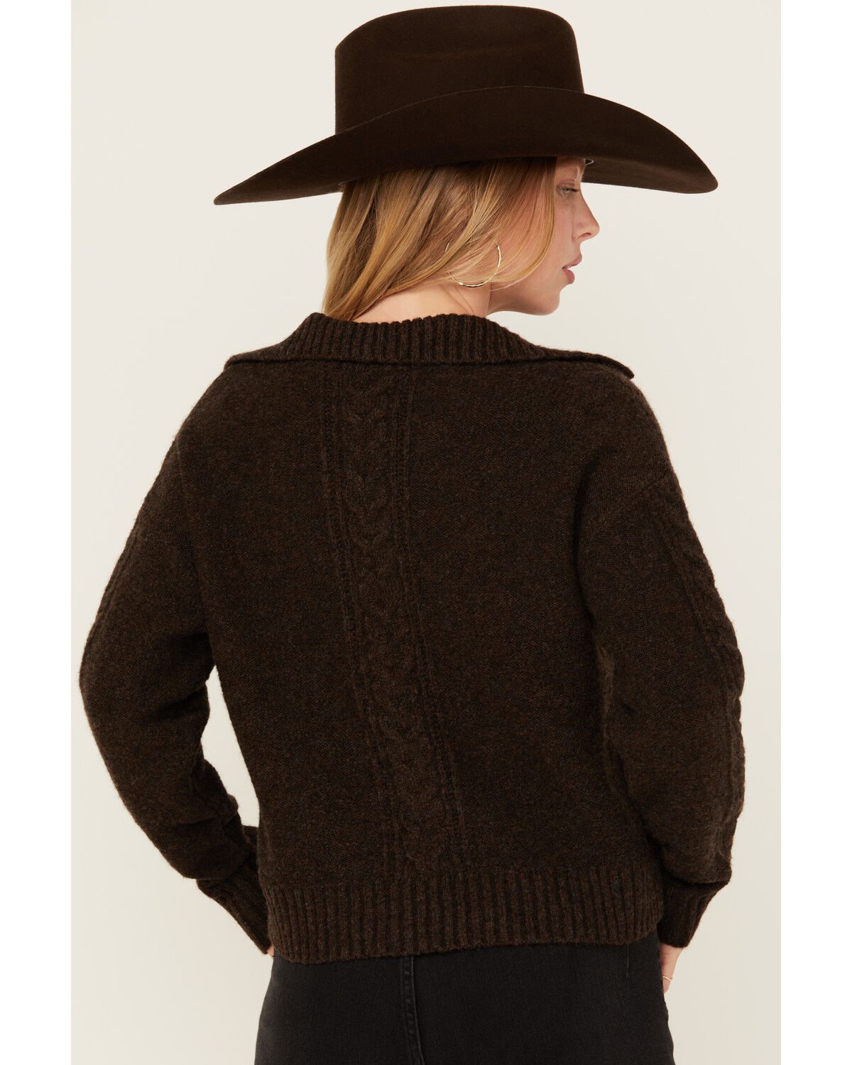 Image #4 - Cleo + Wolf Women's Solid Cable Knit Sweater, Brown, hi-res