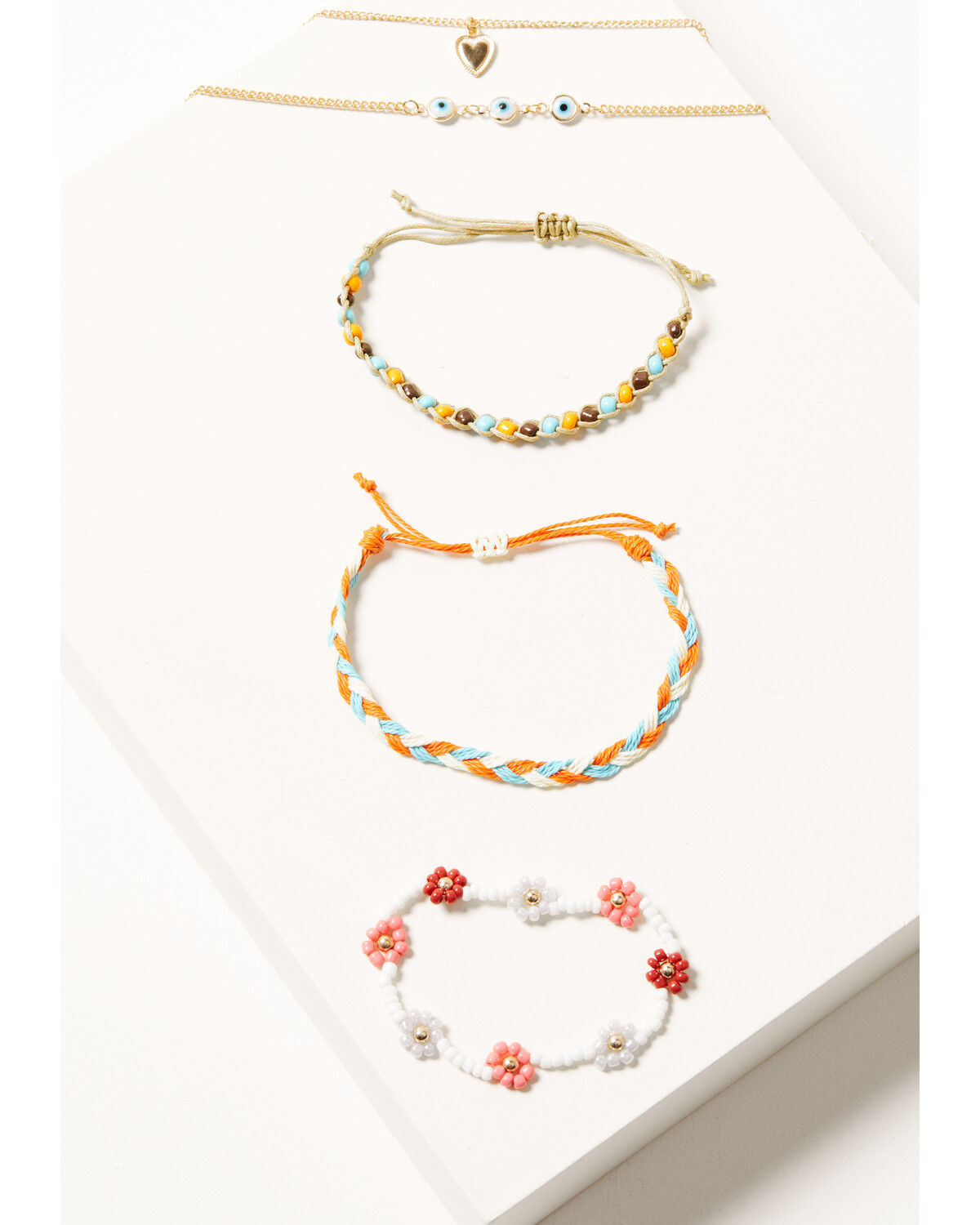Image #1 - Shyanne Women's 5-Piece Flower Beaded Evil Eye Heart Bracelet Set, Gold, hi-res