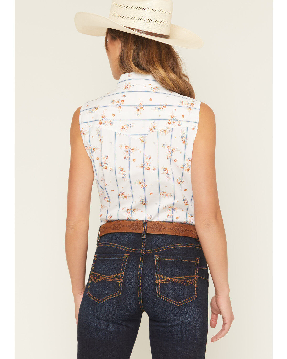Image #4 - Ely Walker Women's Floral Striped Sleeveless Pearl Snap Western Shirt, White, hi-res