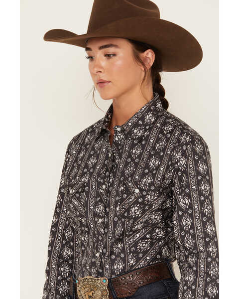 Image #2 - Rough Stock by Panhandle Women's Southwestern Print Long Sleeve Pearl Snap Western Shirt, Black, hi-res