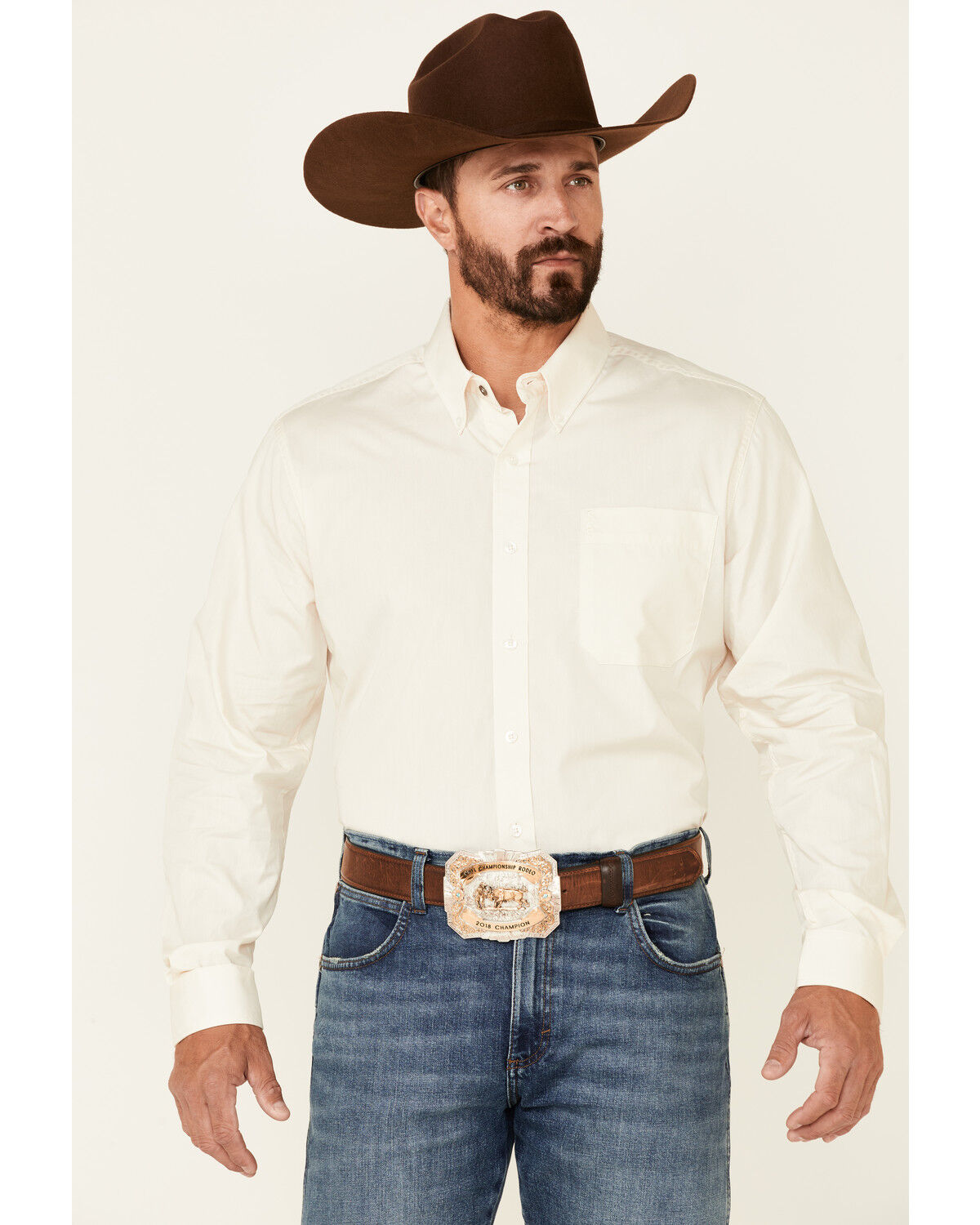 Image #1 - Cinch Men's Modern Fit Solid Cream Long Sleeve Button Down Western Shirt, Cream, hi-res