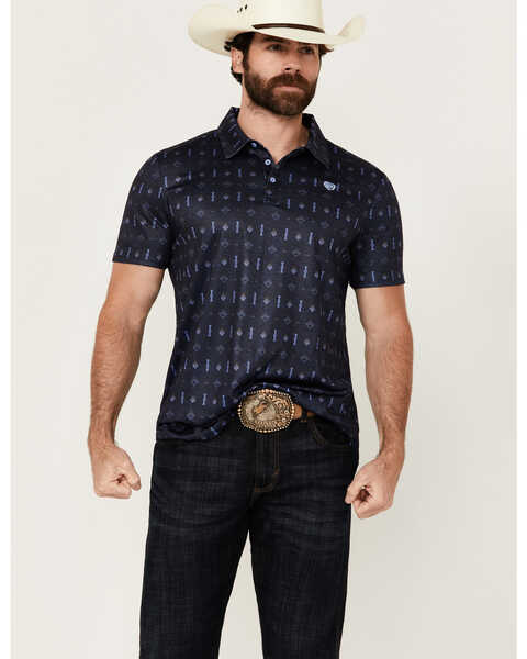 Rock & Roll Denim Men's Geo Print Short Sleeve Stretch Polo Shirt, Navy, hi-res