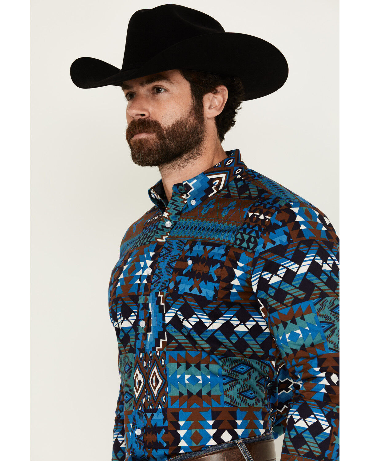Image #2 - RANK 45® Men's Zavallo Southwestern Patchwork Long Sleeve Button-Down Stretch Western Shirt, Teal, hi-res
