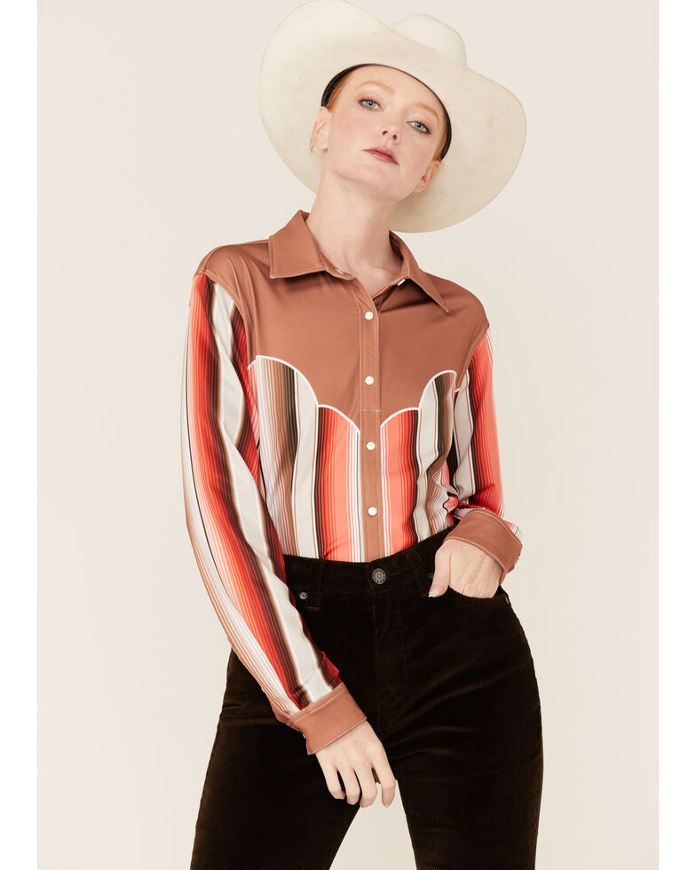 Ranch Dress'n Women's Tan Serape Stripe Long Sleeve Button-Down Western Shirt, Tan, hi-res