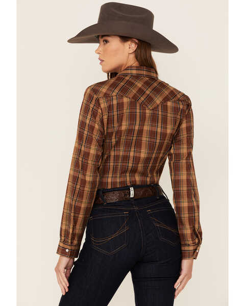 Image #3 - Roper Women's Plaid Print Long Sleeve Pearl Snap Western Shirt, Brown, hi-res