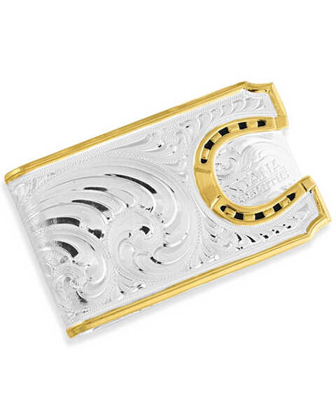Montana Silversmiths Two-Tone Carved Horseshoe Money Clip, Silver, hi-res