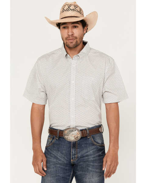 RANK 45® Men's Radio Small Geo Print Short Sleeve Button-Down Stretch Western Shirt, White, hi-res