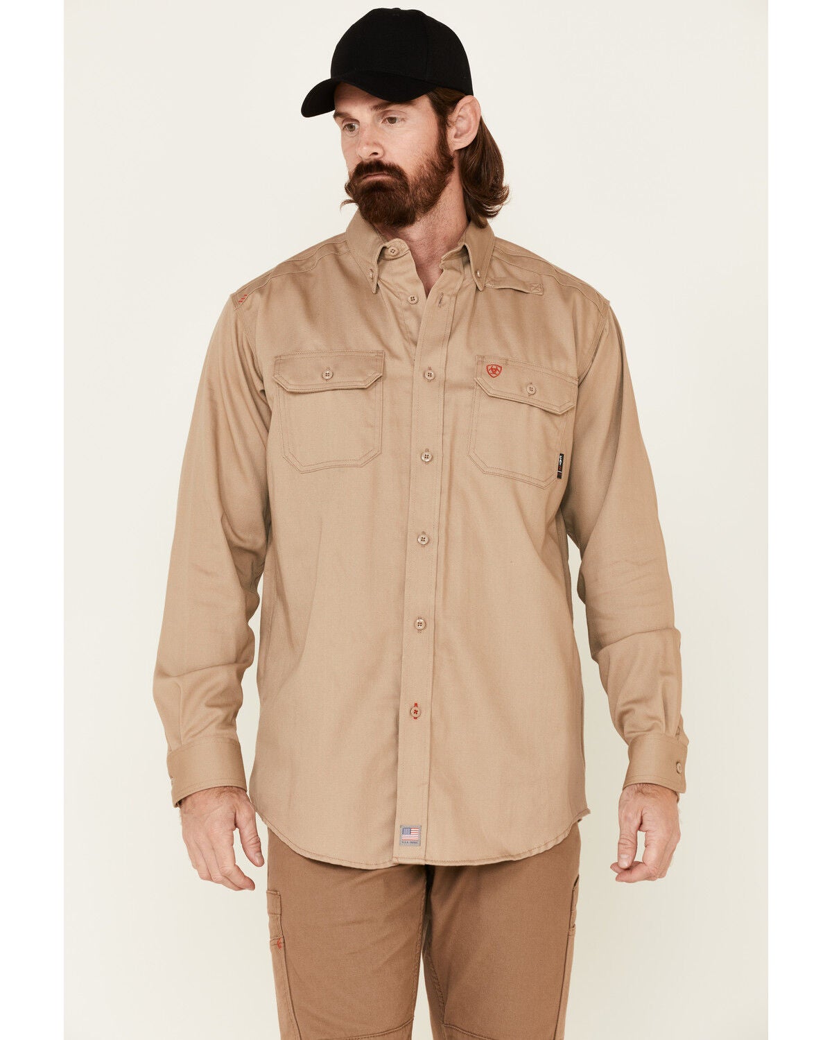 Ariat Men's FR Solid Twill Long Sleeve Button Down Work Shirt - Tall, Beige, hi-res