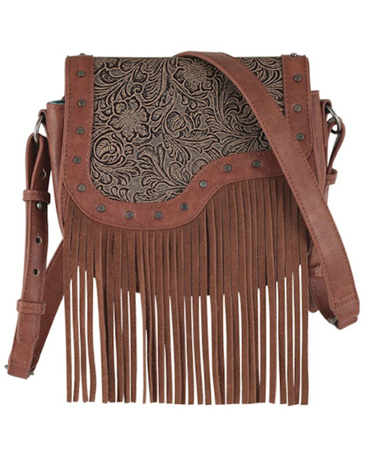 Image #1 - Catchfly Women's Asymmetrical Tooled Yoke Fringe Crossbody Bag, Brown, hi-res