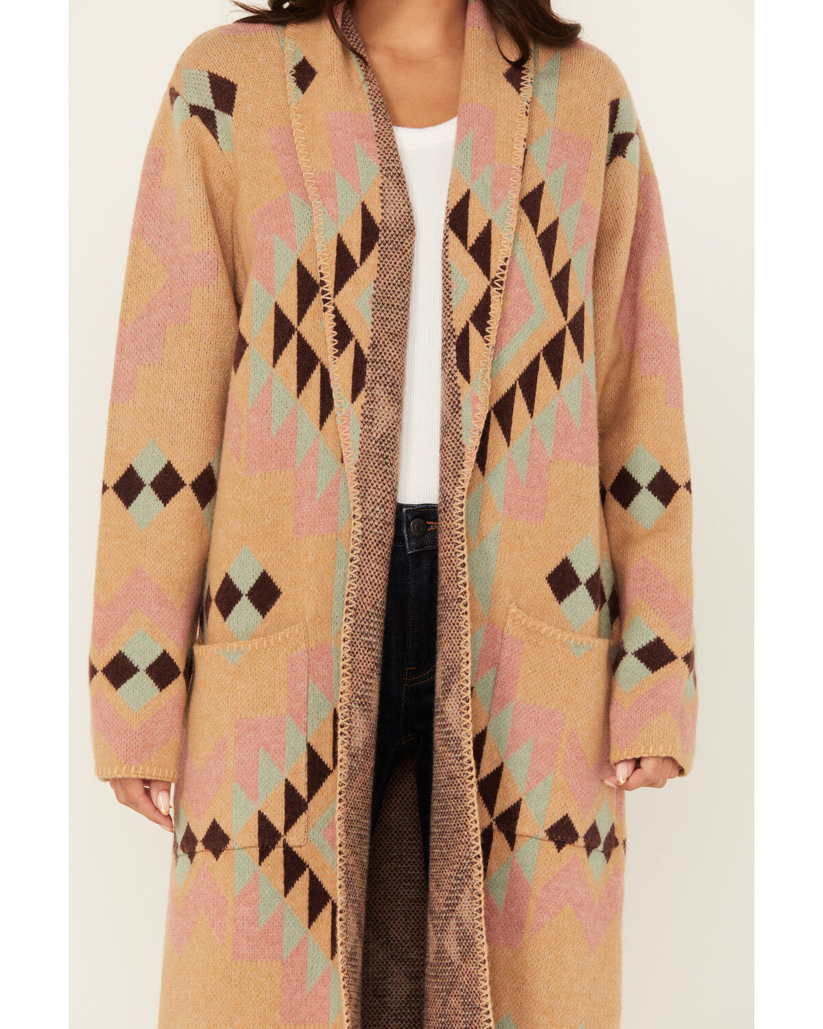 Image #3 - Ariat Women's Southwestern Geo Print Duster Sweater, Tan, hi-res