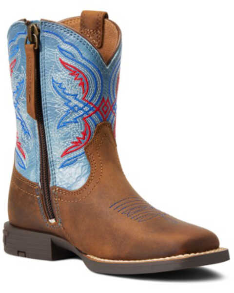 Ariat Boys' Double Kicker Easy Fit Distressed Brown & Stone Blue Full Grain Western Boot - Wide Square Toe , Brown, hi-res