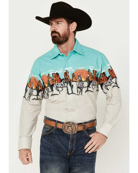 Image #1 - Panhandle Men's Desert Border Long Sleeve Pearl Snap Western Shirt , Turquoise, hi-res