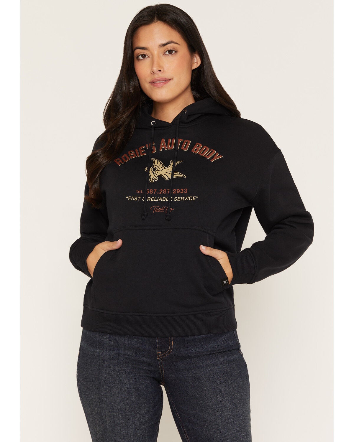Image #1 - Troll Co Women's Rosie's Auto Body Shop Graphic Hoodie, Black, hi-res