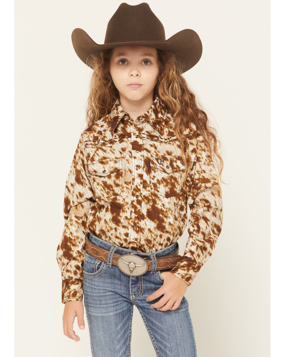 Cowgirl Hardware Girls' Cowhide Print Long Sleeve Pearl Snap Stretch Western Shirt, Brown, hi-res