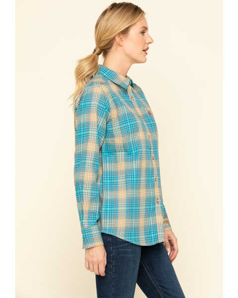 Image #3 - Ariat Women's Boot Barn Exclusive FR Savana Plaid Print Long Sleeve Work Shirt, Blue, hi-res