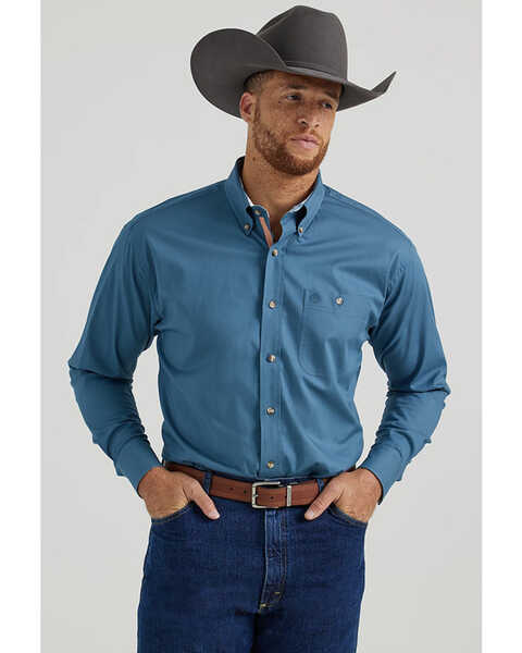 Image #1 - George Strait by Wrangler Men's Solid Long Sleeve Button-Down Stretch Western Shirt - Tall , Teal, hi-res
