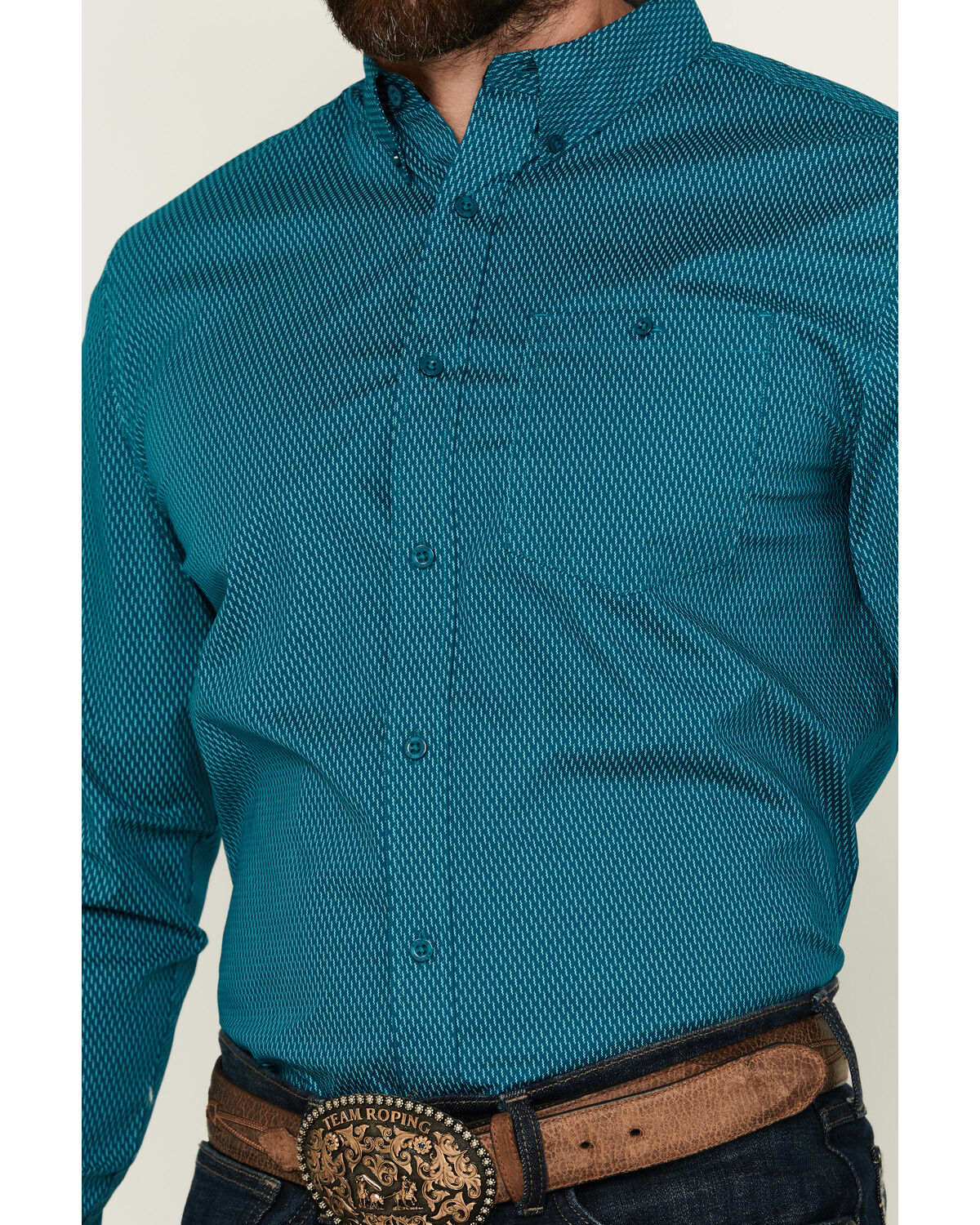 Image #3 - RANK 45® Men's Wagon Geo Print Long Sleeve Button-Down Performance Stretch Western Shirt, Teal, hi-res